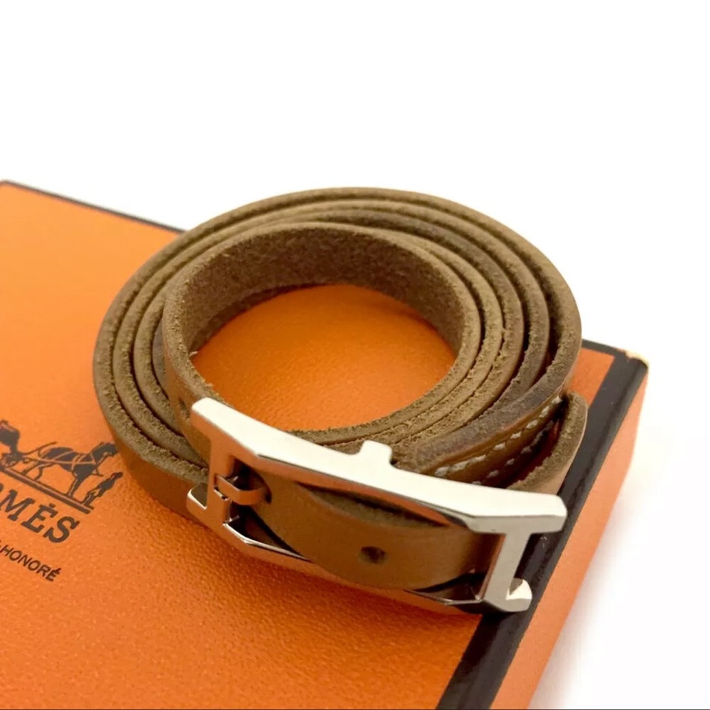Authentic Hermes Brown Double Tour Leather Bracelet with Silver H Buckle